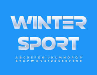 Vector trendy logo Winter Sport. White glossy Font. Futuristic Alphabet Letters and Numbers set