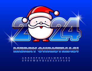 Vector artistic Greeting Card Merry Christmas 2024 with cute Santa Claus! Chic Blue and Gold Font. Glossy Alphabet Letters and Numbers