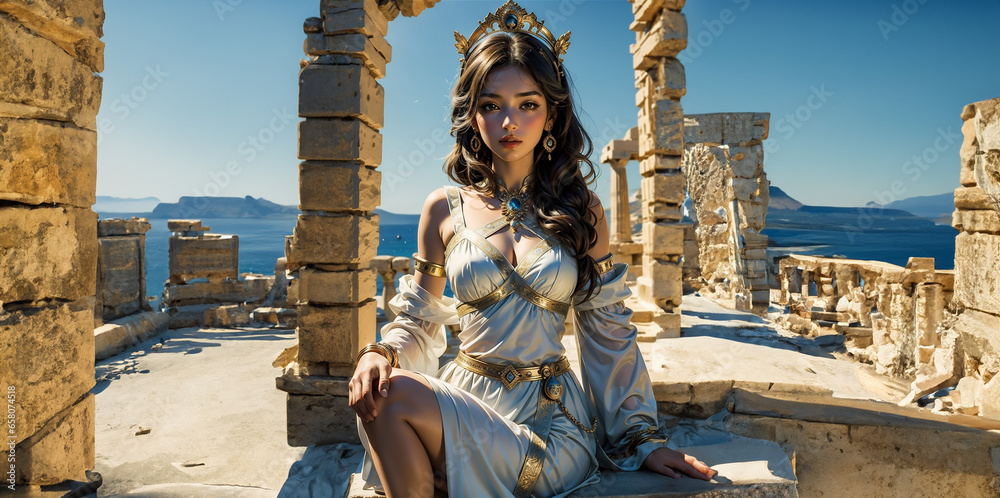 Wall mural Greek goddess at ancient city ruins. Beautiful young woman Aphrodite style with golden necklace jewelry. Athena walking Greece. Mythical Hellenic.