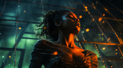 Captivating black woman radiating music in surreal neon landscape.