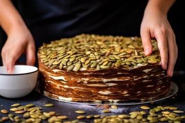 hand layering pumpkin seeds on top of a cake