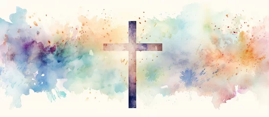 Fotobehang Christian cross clipart with watercolor Easter theme border and banner © AkuAku