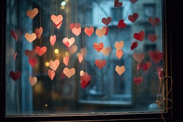 strings of paper hearts hanging against a window