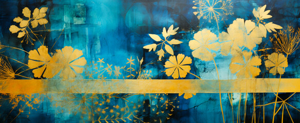 Luxurious abstract background, Glistening golden botanical patterns weaving through vivid, lush watercolor landscapes.