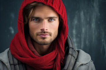 Fashion dude in scarf and shades, looking at camera