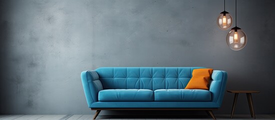 Blue upholstered sofa and lamp in a stylish grey interior