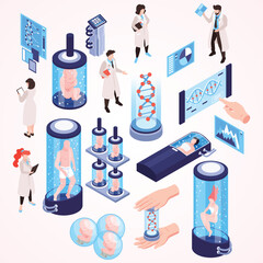 isometric human cloning dna research science laboratory set with isolated cons test tubes - obrazy, fototapety, plakaty