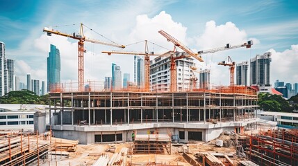 Fototapeta premium Construction site with cranes and building under construction, panoramic view