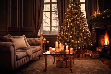 A cozy living room bathed in the warm glow of candles, with a beautifully decorated Christmas tree in the background. Generative Ai