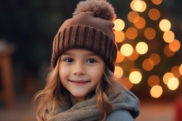 Portrait of a cute little girl in a hat and scarf on a background of Christmas lights