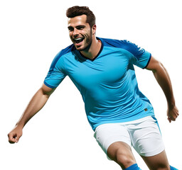 Soccer player in blue suite on white background.