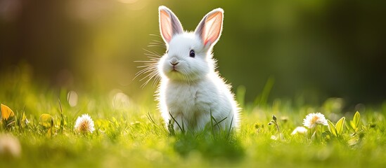 Fluffy white rabbit grooming itself in green garden on a sunny day Easter animal background