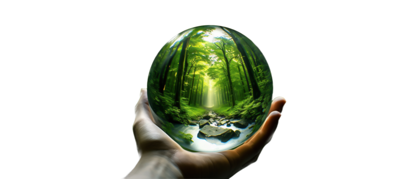 Hand holding a green globe. Glass ball with green lasew inside on human hand on light transparent background. PNG file. Generative AI