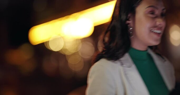 Night, travel and business woman with a phone in city for taxi, waving or chauffeur service. Smartphone, app and lady traveler outdoor for evening commute, ride or transportation on urban background