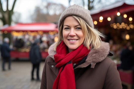 Portrait of a beautiful blonde woman with red scarf and coat at christmas market