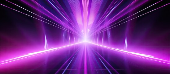 Abstract ultraviolet light with a gradient of violet and pink illuminates a modern backdrop featuring neon lights On an empty stage spotlights and neon create a dynamic atmosphere - obrazy, fototapety, plakaty