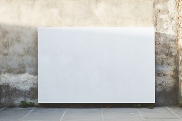 Sunlit perspective view of blank white signboard on concrete wall outdoor. Generative AI