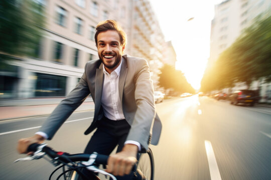 Successful Smiling Businessman Riding A Bicycle In A City Street In Berlin. Healthy, Ecology Transport