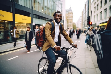 Successful smiling African American businessman with backpack riding a bicycle in a city street in London. Healthy, ecology transport - Powered by Adobe