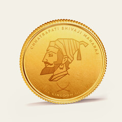 Golden coin isolated on a white. 3d illustration. Chhatrapati Shivaji Maharaj on raj Mudra. - obrazy, fototapety, plakaty