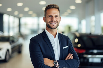 Portrait of confident smiling consultant in car salon. Car dealer in showroom - obrazy, fototapety, plakaty