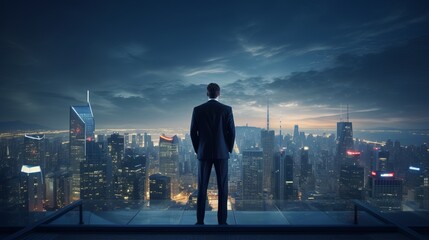 Fototapeta na wymiar visionary businessman in suit and cape, contemplating cityscape from rooftop, crafting future business strategies – night scene