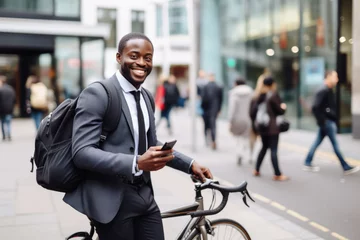  Successful smiling African American businessman with backpack riding a bicycle in a city street in London. Healthy, ecology transport © Jasmina