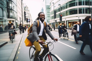 Successful smiling African American businessman with backpack riding a bicycle in a city street in London. Healthy, ecology transport