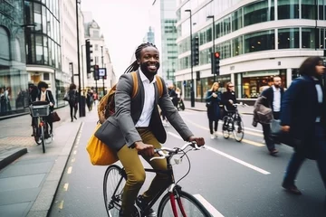 Poster Successful smiling African American businessman with backpack riding a bicycle in a city street in London. Healthy, ecology transport © Jasmina