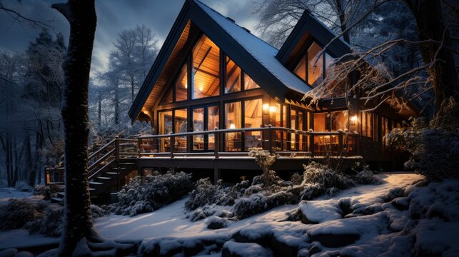 Cozy cabin in the snow Warm and inviting lighting, illustrator image, HD