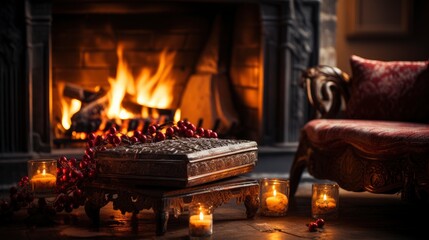 Cozy Christmas Eve with warm fireplace Classic holiday, illustrator image, HD