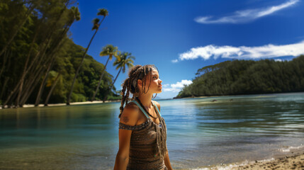 Breathtaking tropical beach landscape with vibrant colors, featuring a pensive teenage girl with braided hair.