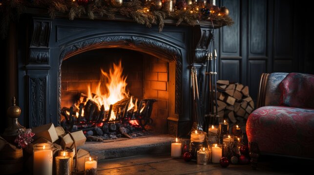 Cozy Christmas Eve with warm fireplace Classic holiday , illustrator image, HD