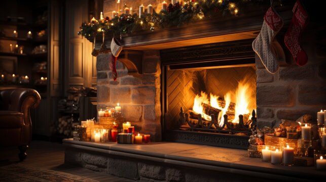 Cozy fireplace with stockings Winter wonderland , illustrator image, HD