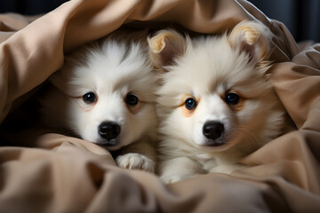 two little puppies are looking at the camera.