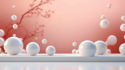 Floating white spheres empty space for product show , Front view ,  Background for product