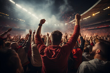 Football- Football fans support their team and celebrate a goal in a full stadium.