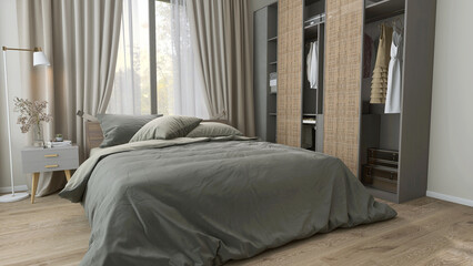 Luxury bedroom with ceiling to floor beige curtain, bed, bedside table, floor lamp, wardrobe with rattan door for interior design decoration background 3D