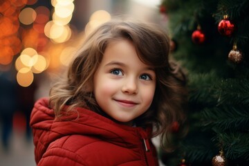 Portrait of a cute little girl on the background of the Christmas tree