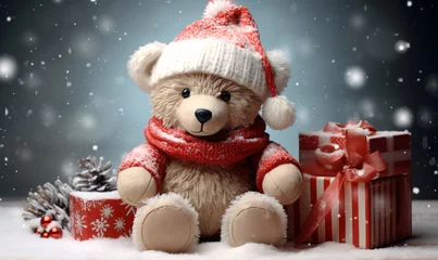 Fotobehang Christmas presents and a teddy bear placed in a winter snowy landscape. Generative Ai © trompinex