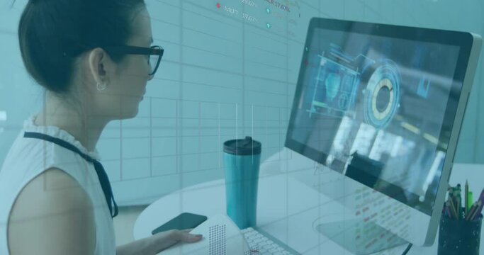Animation of financial data processing over asian businesswoman in office