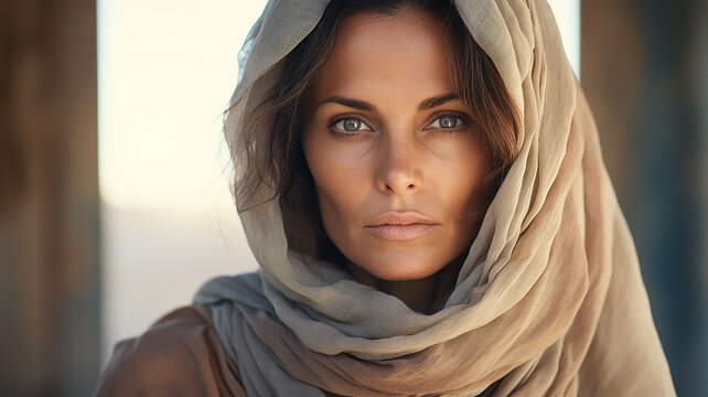 primo piano di bellissima donna con occhi azzurri e velo arabico , sfondo sfocato , bellezza asiatica con sguardo profondo , foto di beauty senza trucco