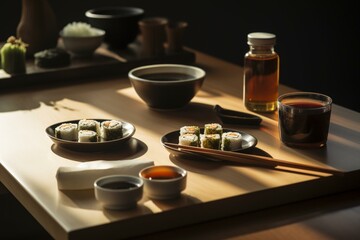 A close-up of a table with sushi and soy sauce. Generative AI - obrazy, fototapety, plakaty