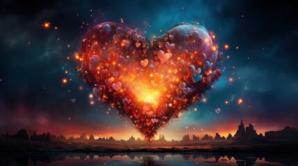 Heart-shaped fireworks in the night sky Spectacular , illustrator image, HD - obrazy, fototapety, plakaty