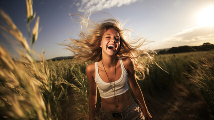 Radiant young blonde with blue eyes laughing amidst a wind-swept grass field in summer outfit. - obrazy, fototapety, plakaty
