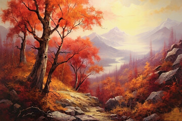 Obraz na płótnie Canvas Autumn landscape wonderland forest with grass land, Mid autumn natural in orange foliage, Fall season with beautiful panoramic view with sunset behind mountain and maples leaves falling from trees.