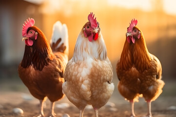 Fototapeta premium Hens on a traditional free range poultry organic farm grazing on the grass with copy space.