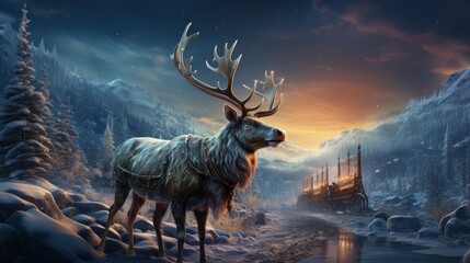 Reindeer sleigh ride in the moonlight Snow-covered, illustrator image, HD - obrazy, fototapety, plakaty