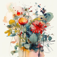 Watercolor painting of flowers in a vase.