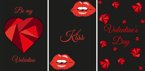 Fashion Design Valentine's day card cover with passion cartoon red Lips, geometric Heart. Set Valentine Day posters, banner, card in trendy Y2K style. Celebration web promo. Vector illustration.